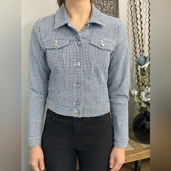 Talbots Navy Gingham Cropped Jacket Small | Cotton Stretch Button Front Blazer - Picture 8 of 8